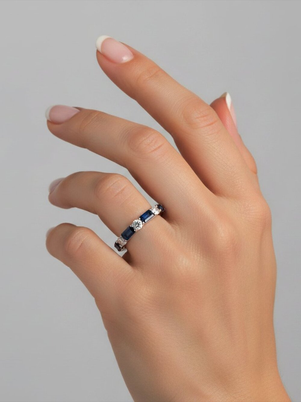 Radiance Veil Diamond 14K(or 18k upon request)Yellow Gold Eternity Sapphire Ring - Picture 2 of 3